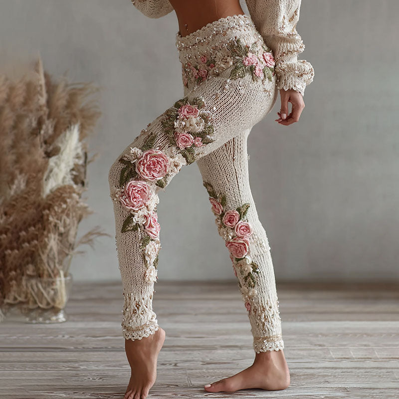 Women's Vintage Pink Floral Art Cozy Knit Leggings artswardrobe