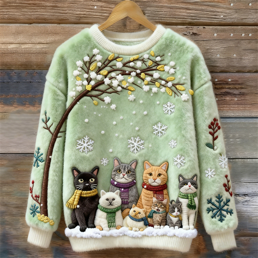 Christmas Cats Embroidery Women's Cozy Plush Sweater artswardrobe