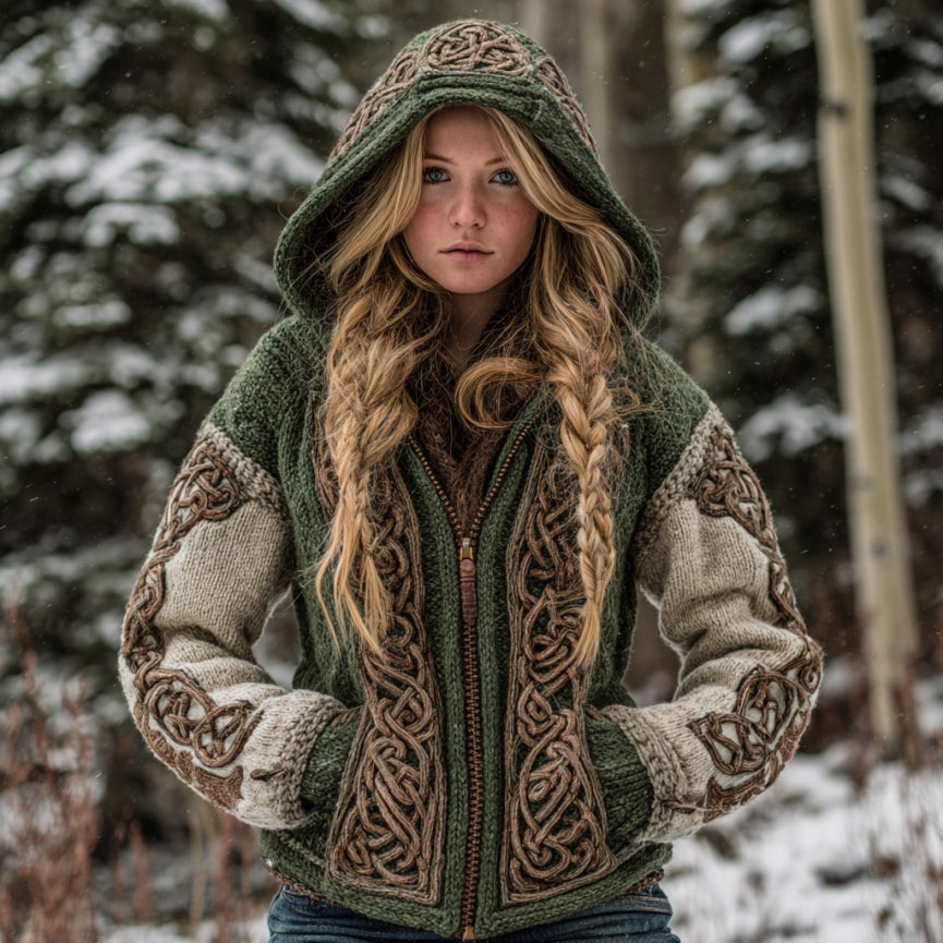 Women's Viking Celtic Knot Contrasting Art Cozy Knit Zip Up Hooded Sweater artswardrobe