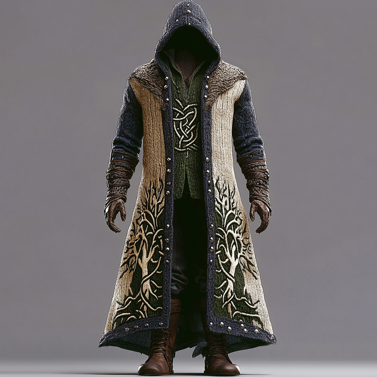 Men's Viking Contrast Color Tree Of Life Embroidered Knit Hooded Coat artswardrobe