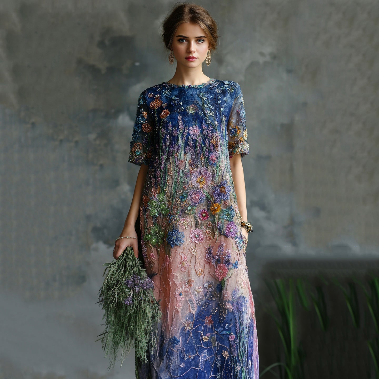 Women's Elegant Oil Painting Floral Sequined Maxi Dress artswardrobe