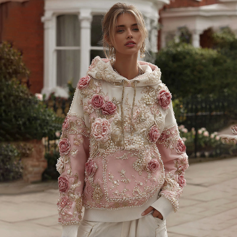 Comstylish Women's Classic Rose Embroidery And Color Block Comfy Hoodie