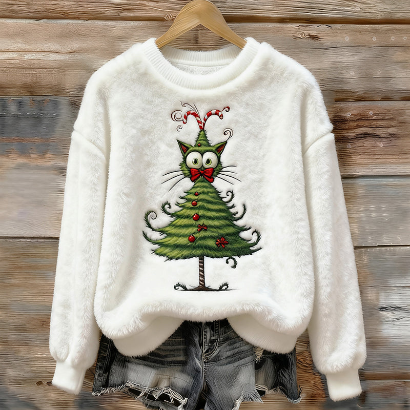 Women's Fun Christmas Tree Cat Plush Sweater elevenforest