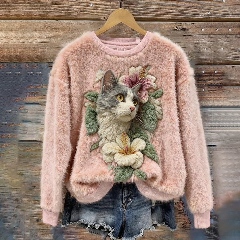 Cute Cat Floral Plush Warm Crew Neck Sweater elevenforest