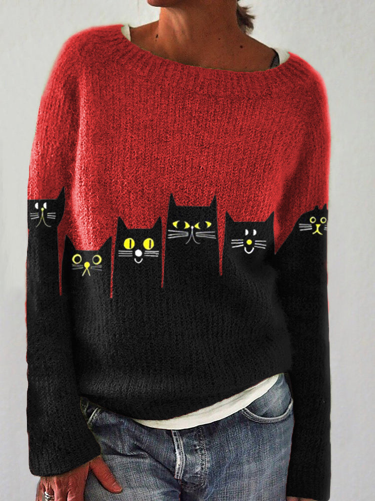 Black Cat Pattern Cozy Knit Sweater elevenforest