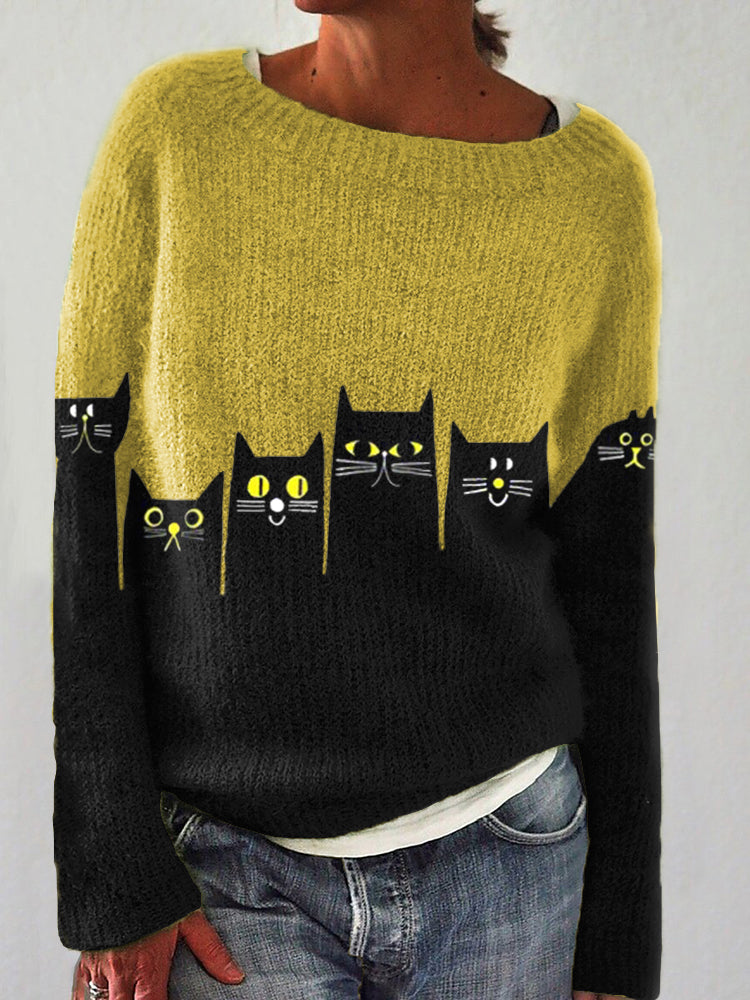 Black Cat Pattern Cozy Knit Sweater elevenforest