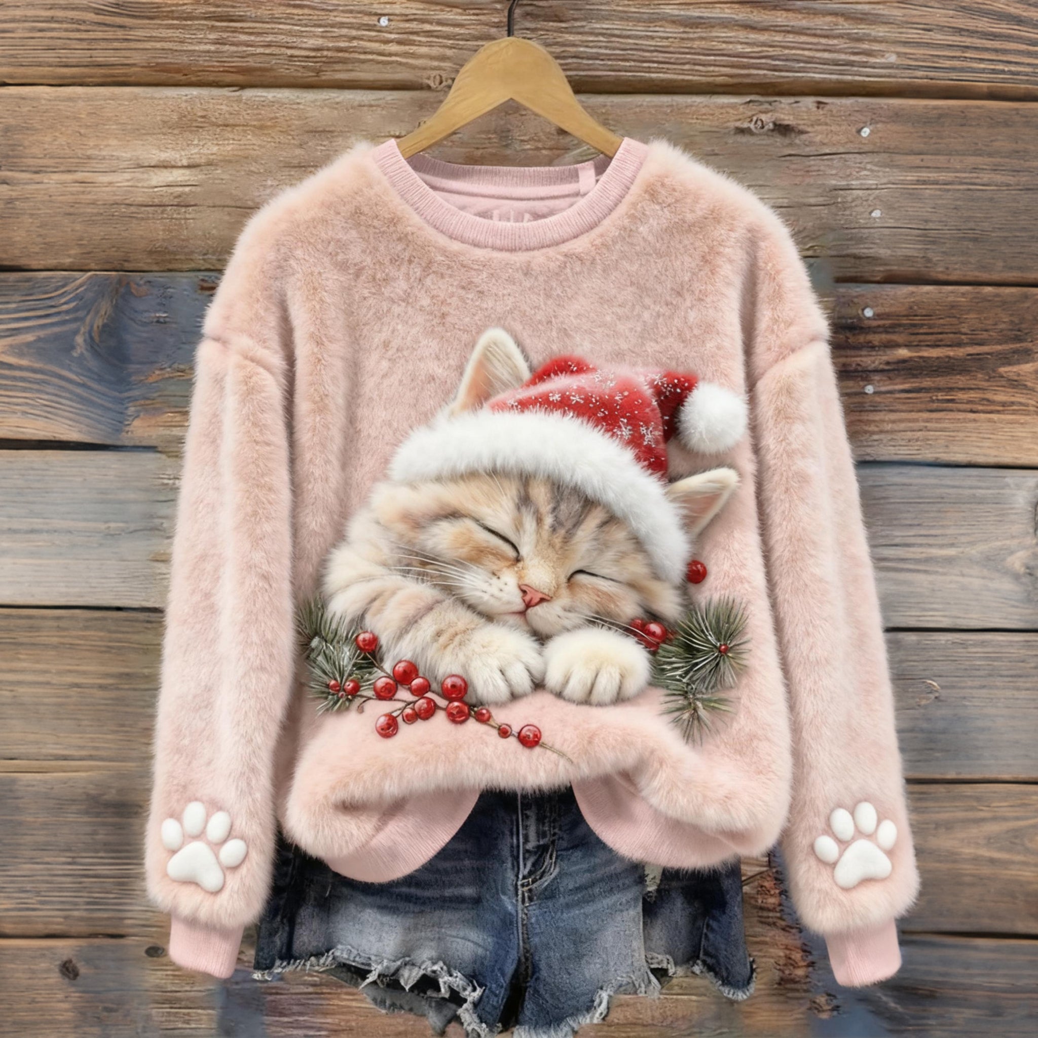 Christmas Cute Cat Art Plush Pattern Sweater elevenforest