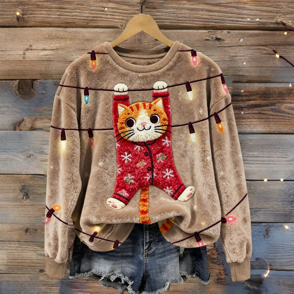 Cute Christmas Lights & Cat Embroidered Cozy Plush Sweatshirt elevenforest