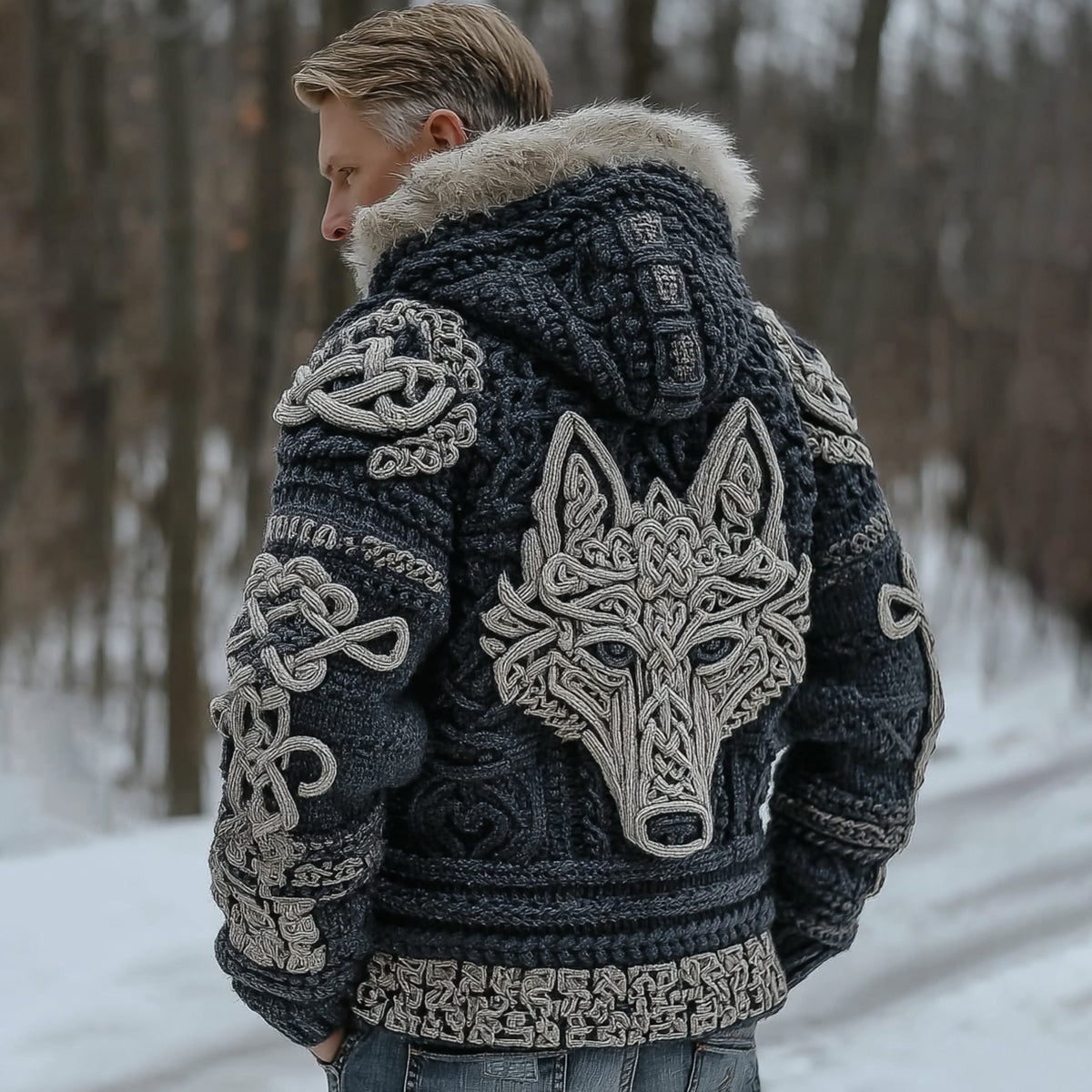 Men's Retro Viking Wolf Jacquard Hooded Knit Sweater Jacket artswardrobe