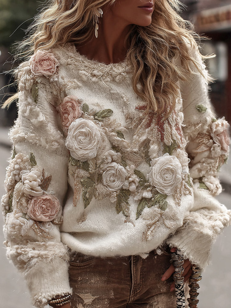 Women's Vintage Romantic White Rose Embroidery Art Long Sleeve Round-neck Sweater artswardrobe
