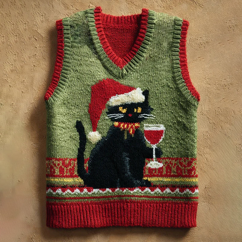 Men's Christmas Red Wine Cat Print V Neck Knit Vest elevenforest