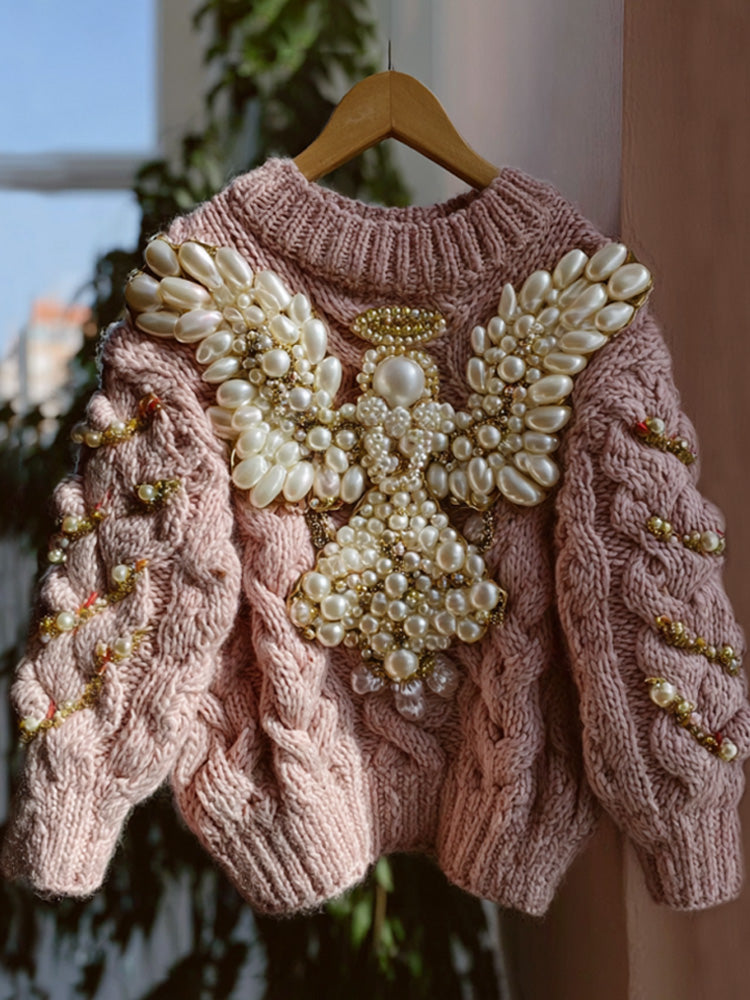 Christmas Angel Embroidered Pearl Crew Neck Sweater artswardrobe