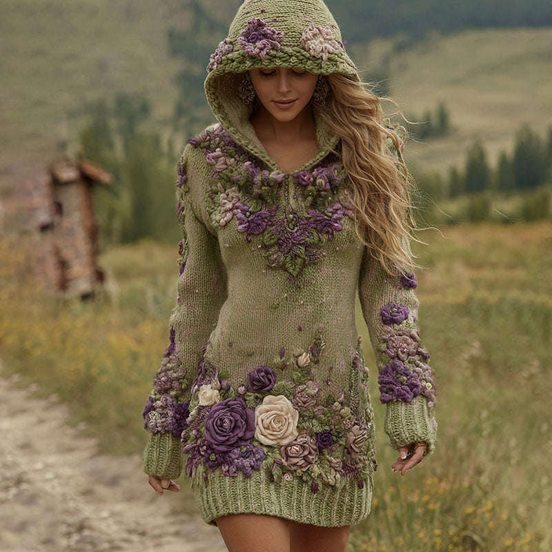 Classy Gradient Purple Lavender And Floral Art Cozy Knit Mini Hooded Dress artswardrobe