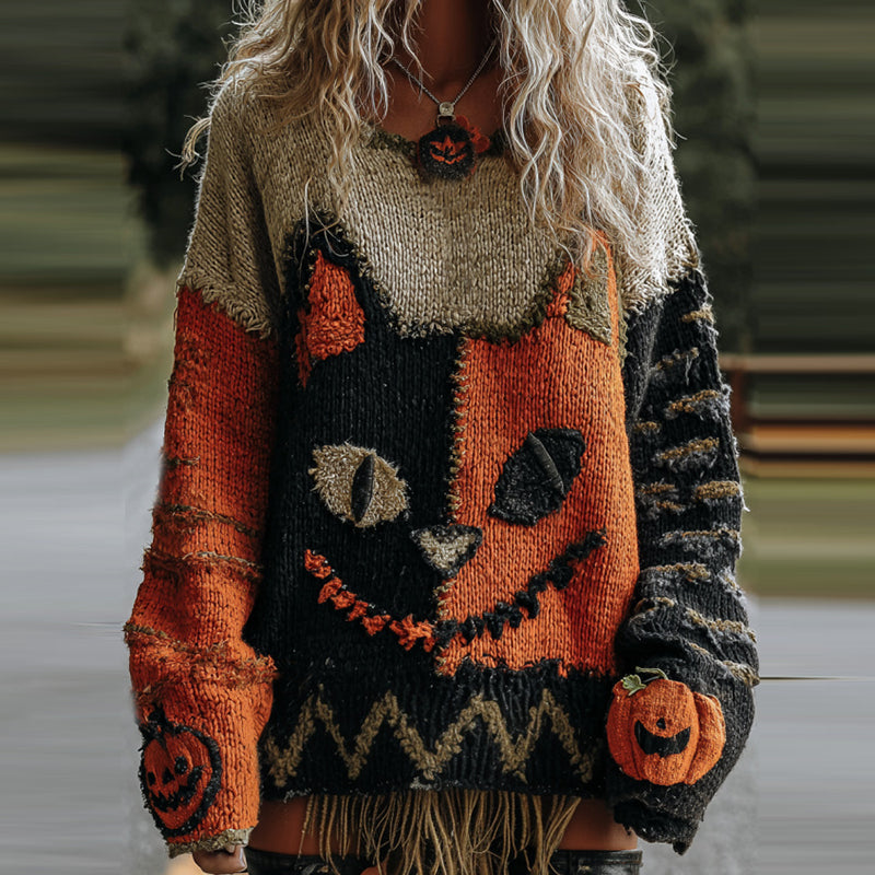 Halloween Cute Cat Face Art Cozy Knit Sweater elevenforest