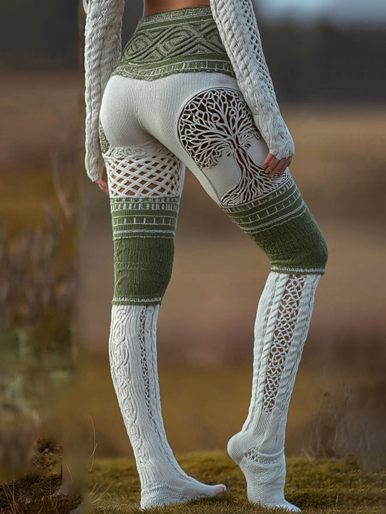 Vintage Viking Tree Of Life Celtic Knot Jacquard Warm Leggings artswardrobe