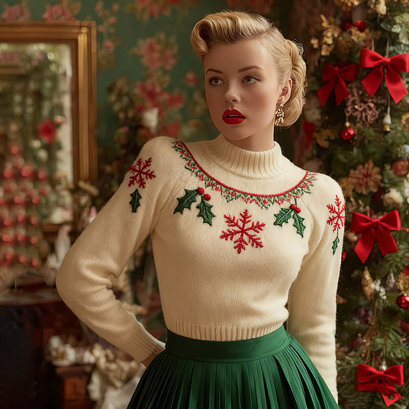 Women's Vintage Holly Leaves Christmas Knit Crew Neck Sweater elevenforest