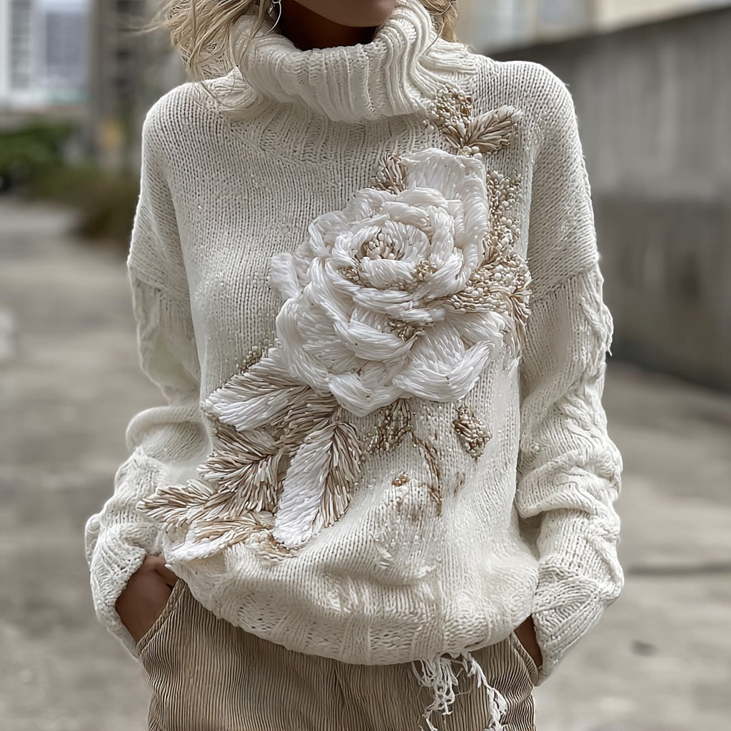Women's Vintage White Rose Pattern Chunky Knit Warm Turtleneck Sweater artswardrobe
