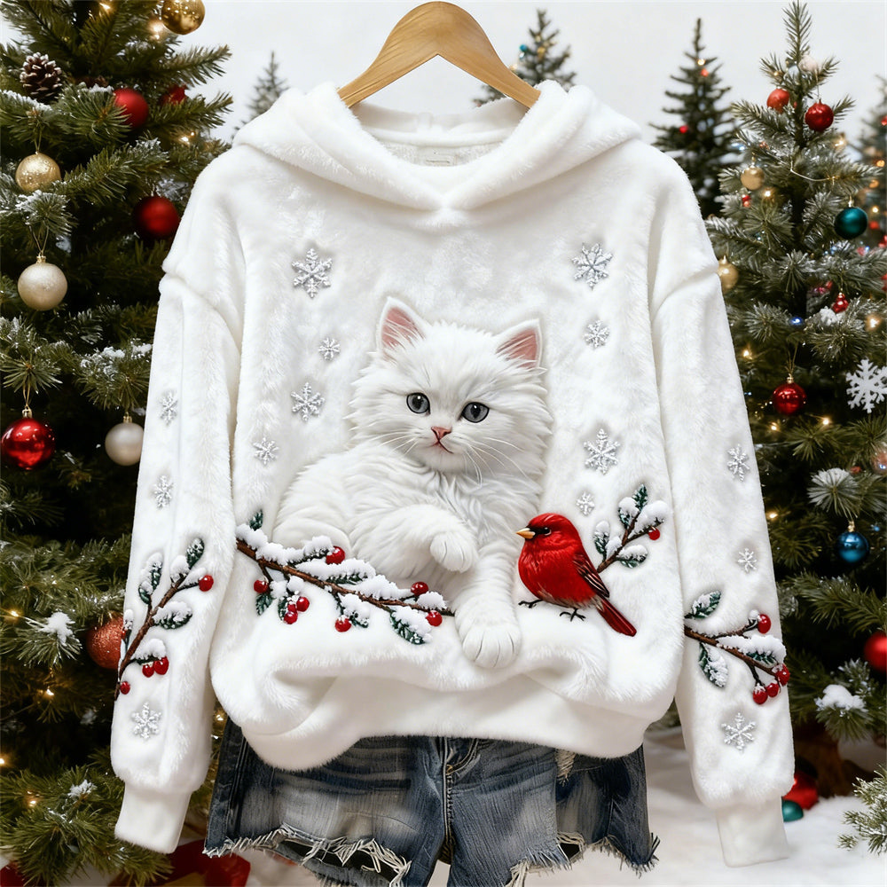 Christmas Cat & Bird Women's Flannel Hooded Sweatshirt elevenforest
