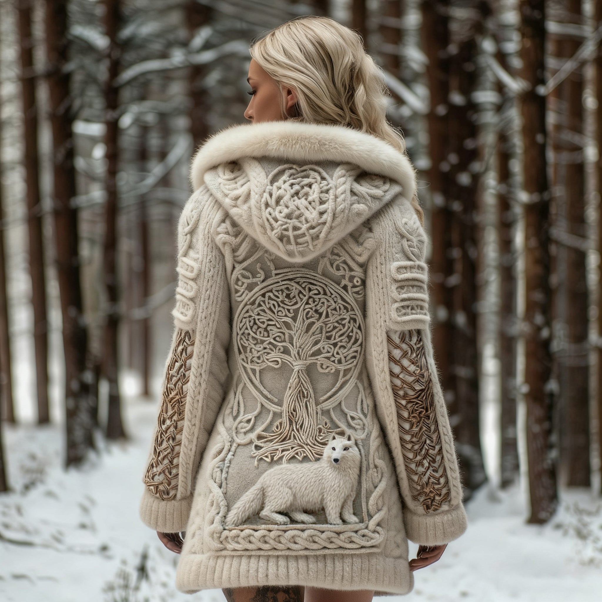 Women's White Fox And Tree Of Life Celtic Jacquard Cozy Fur Collar Knit Hooded Cardigan artswardrobe