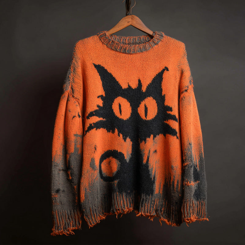 Halloween Black Cat Knit Sweatshirt elevenforest