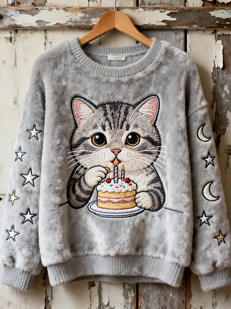 Cat Birthday Flannel Crew Neck Sweatshirt elevenforest
