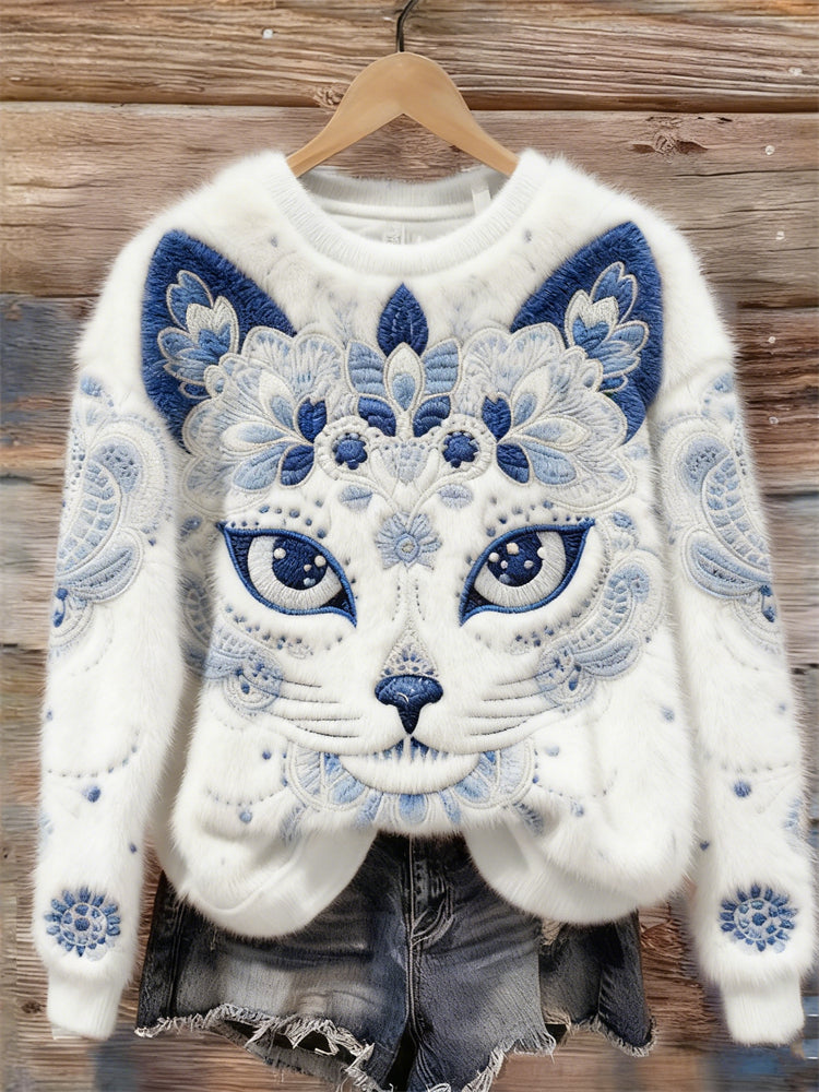Ethnic Floral Cat Face Embroidered Cozy Plush Sweatshirt elevenforest