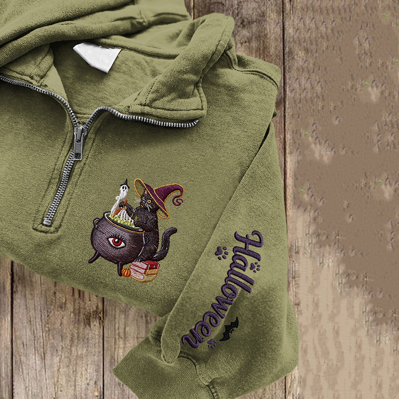 Women's Halloween Cat Embroidered Zip Long Sleeve Sweatshirt elevenforest