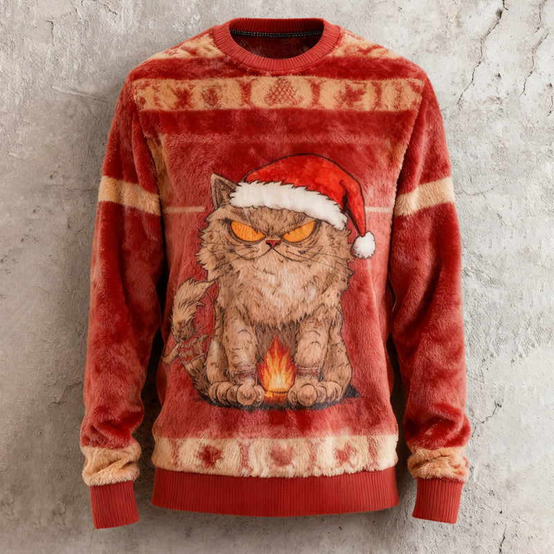 Men's Christmas Fun Angry Cat Crew Neck Plush Sweatshirt elevenforest