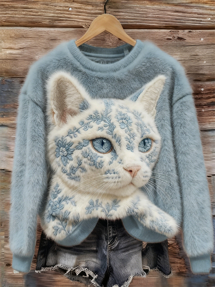 Classy Floral Cat Face Embroidered Cozy Plush Sweatshirt elevenforest
