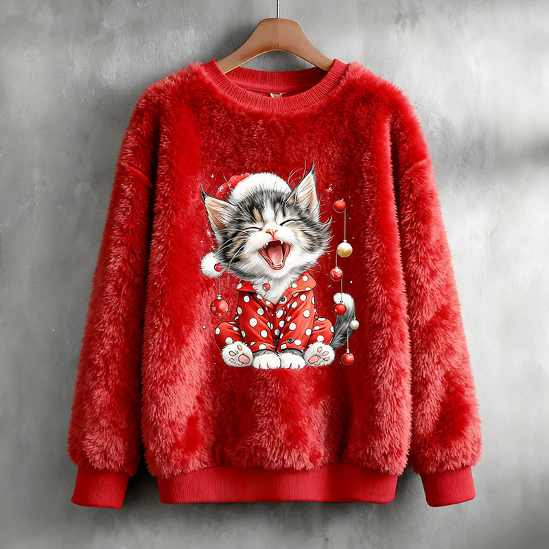 Women's Fun Christmas Cat Plush Crew Neck Sweatshirt elevenforest