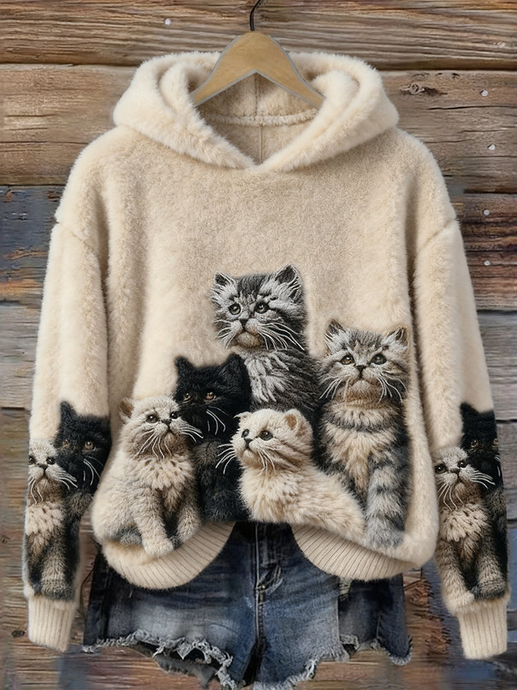 Lovely Fuzzy Cats Art Cozy Plush Hoodie elevenforest