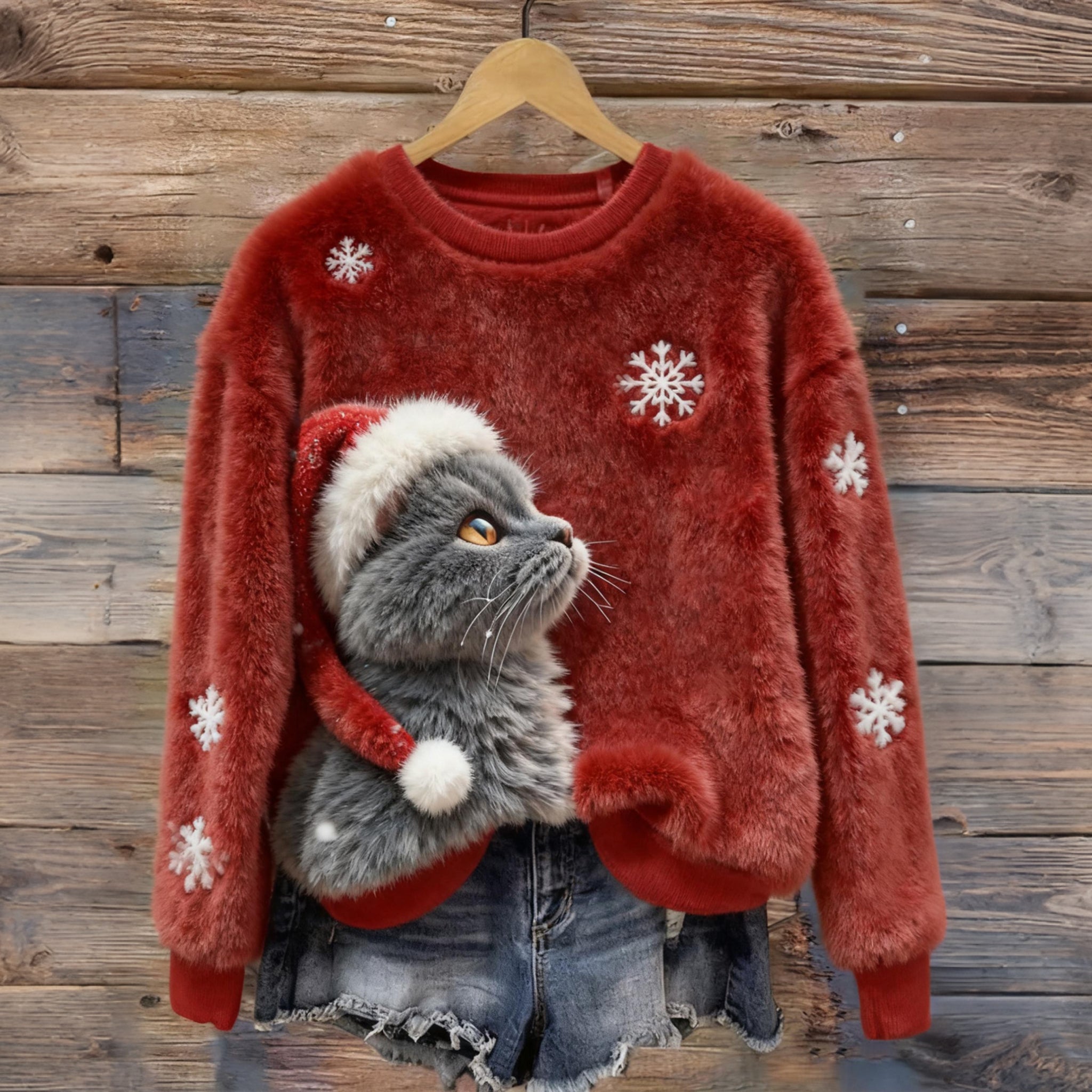 Cute Cat Snowflake Embroidery Plush Warm Crew Neck Sweater elevenforest