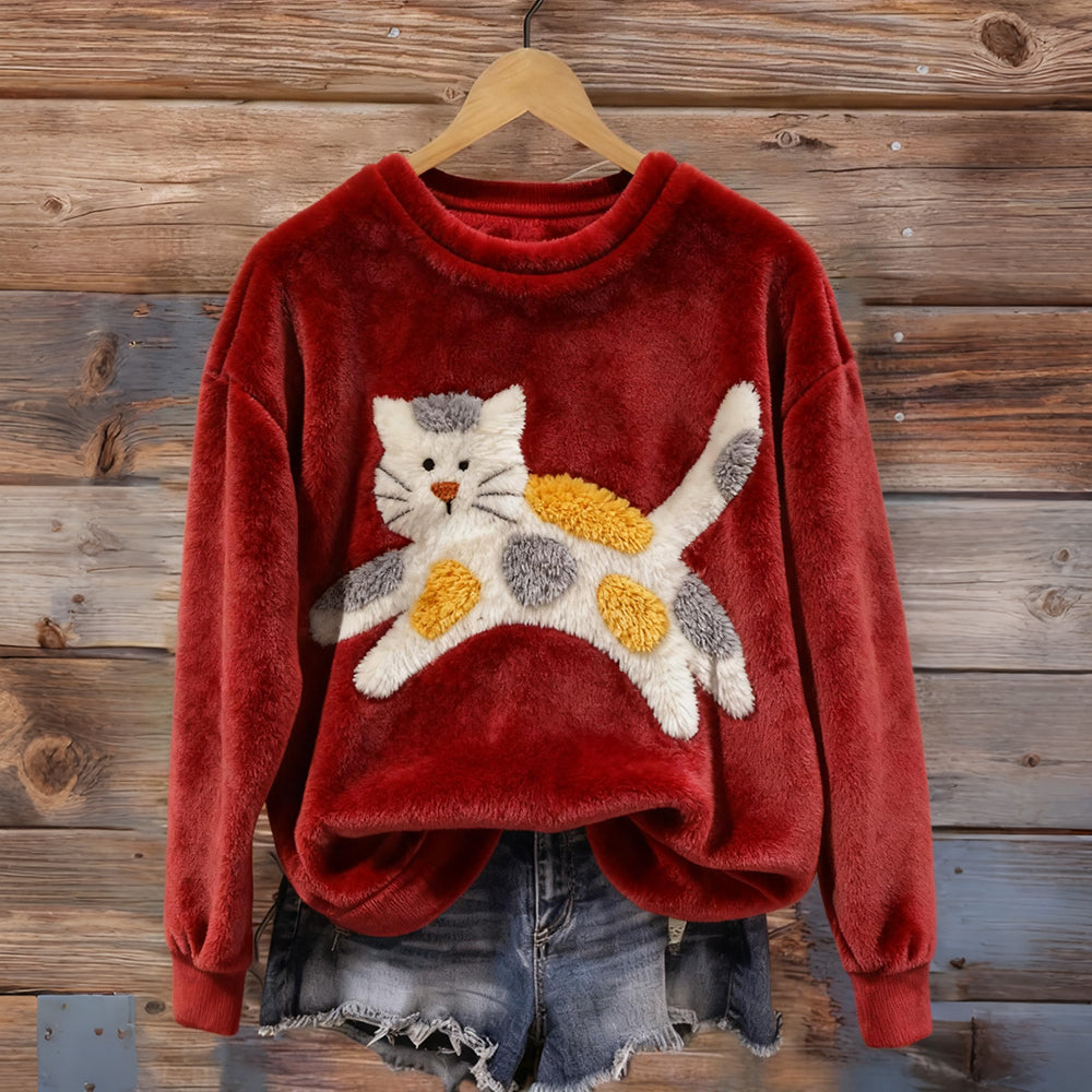Cute Fuzzy Cat Embroidered Cozy Plush Sweatshirt elevenforest