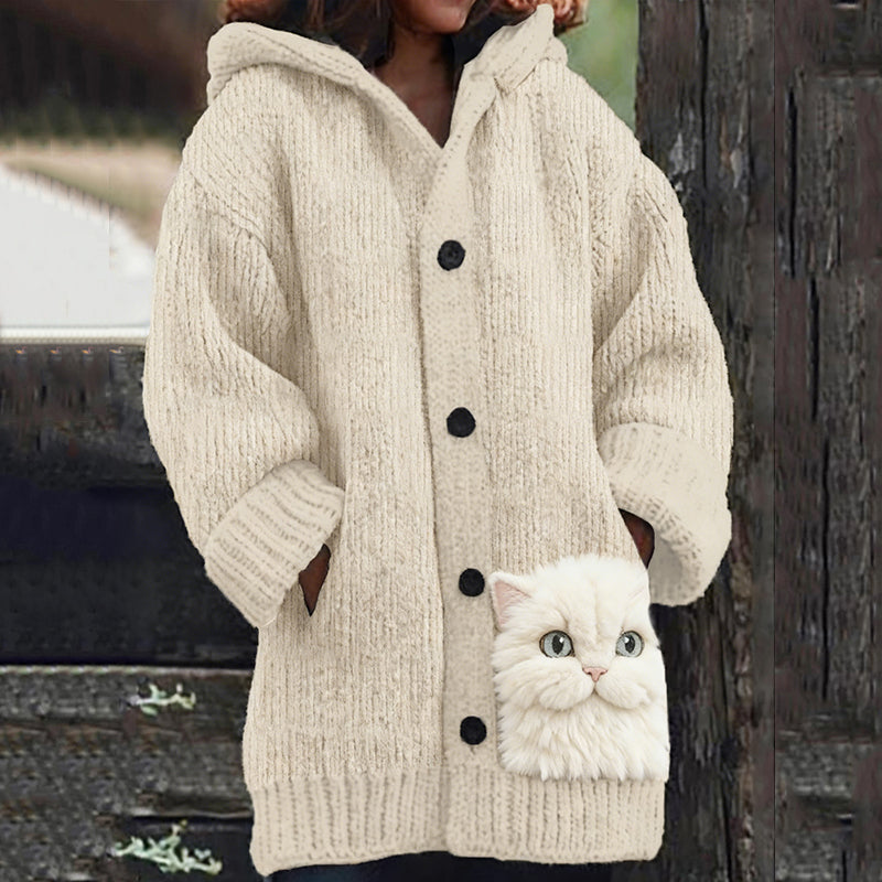 Cute Fuzzy Cat Art Pattern Cozy Knit Hooded Cardigan elevenforest
