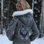 Viking Retro Style Cat Embroidery Pattern Women's Knit Hooded Sweater Jacket artswardrobe