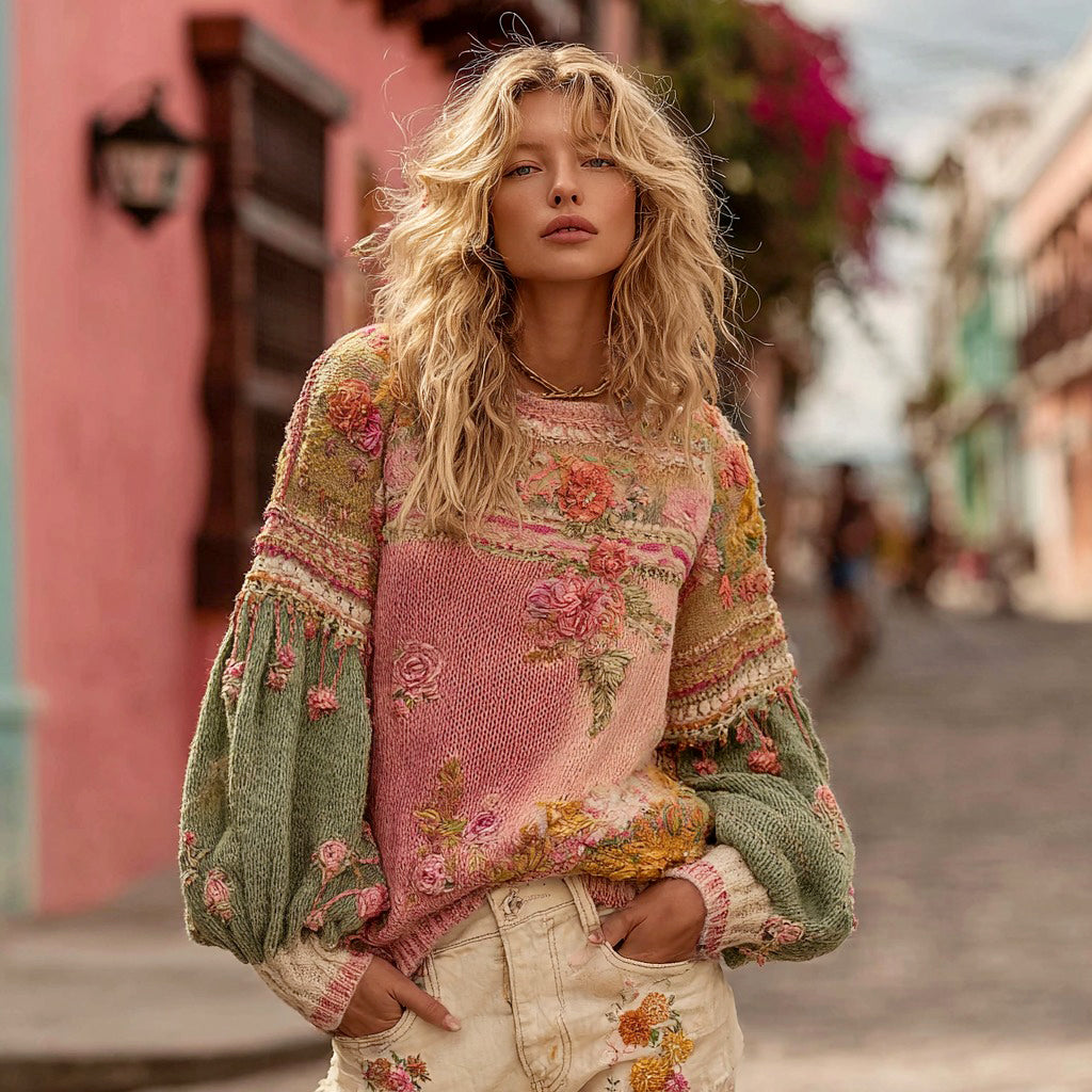 Women's Vintage Bohemian Floral Embroidery Knitted Crew Neck Sweater artswardrobe