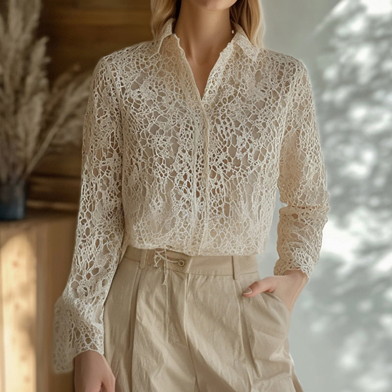 Comstylish Elegant Lace Embroidery Art Long Sleeve Shirt