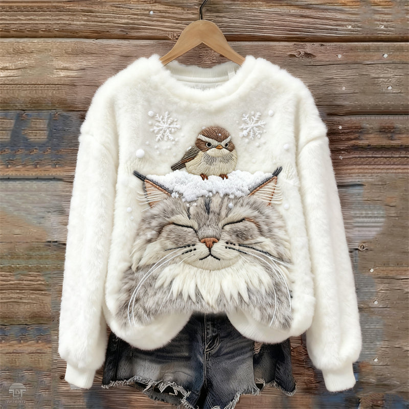 Bird & Cat In The Snow Embroidered Cozy Plush Sweatshirt elevenforest