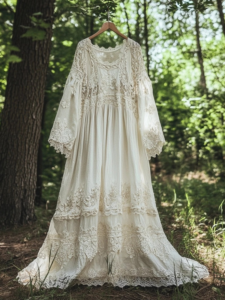 Vintage Floral Embroidered Lace Hem Linen Flowy Maxi Dress artswardrobe