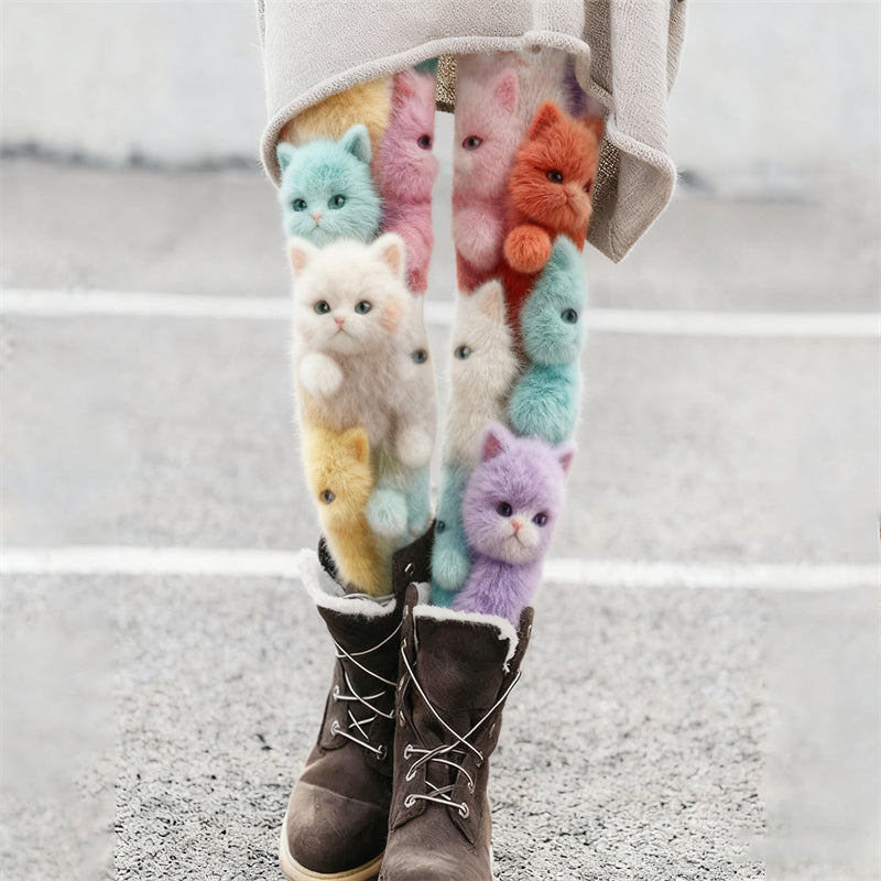 Lovely Colorful Fuzzy Cats Cozy Knit Leggings elevenforest
