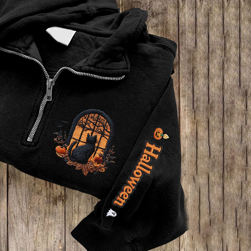 Women's Halloween Cat Embroidered Zip Long Sleeve Casual Sweatshirt elevenforest