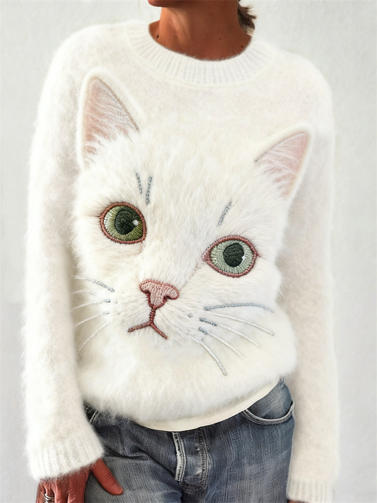 Lovely White Cat Face Embroidered Cozy Knit Sweater elevenforest