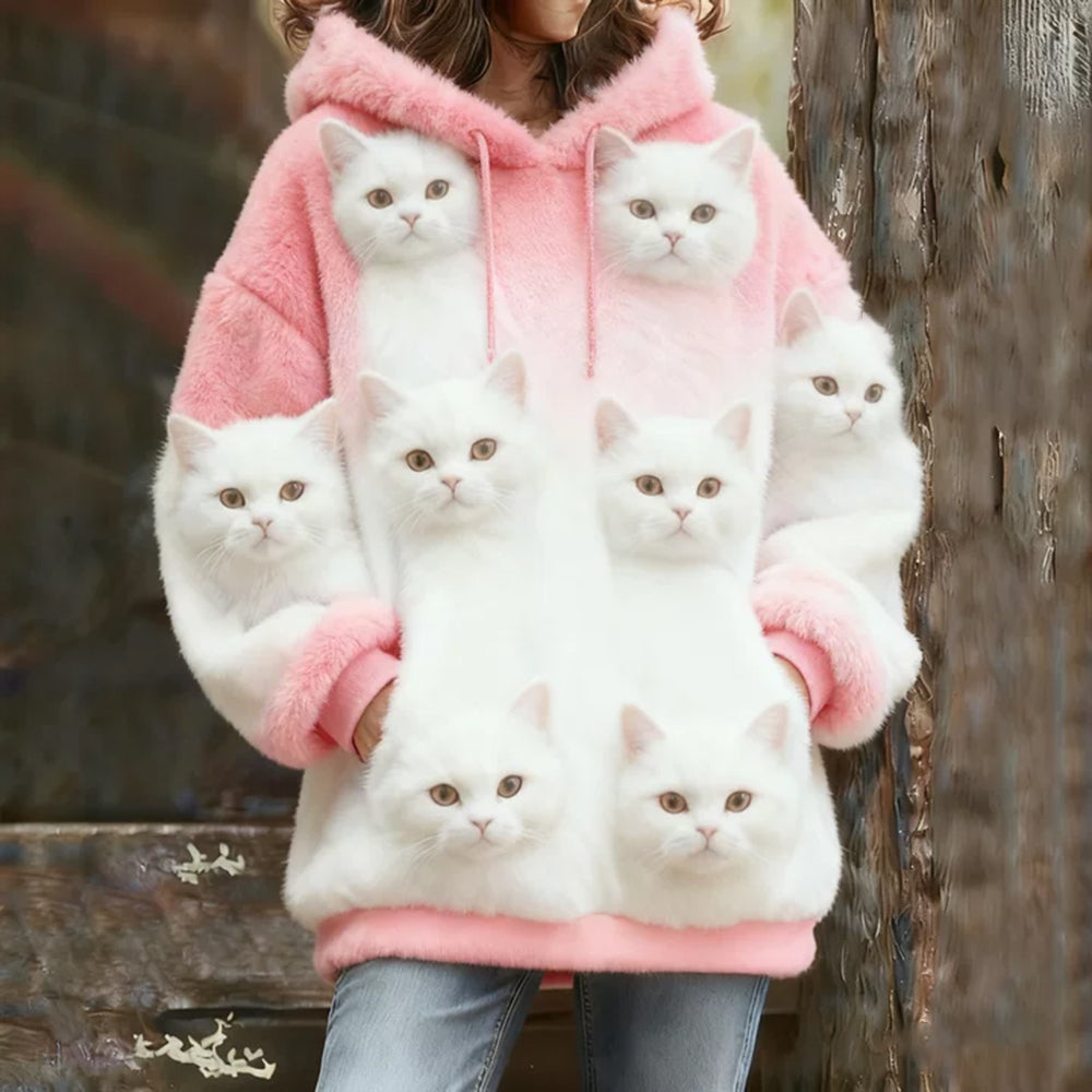 Probe Cute Cat Flannel Hoodie elevenforest