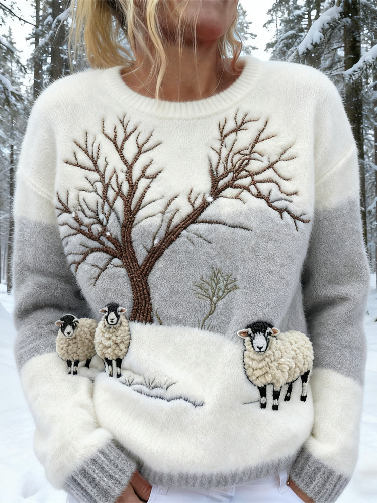 Comstylish Sheep Snow Scene Forest Women's Knit Sweater