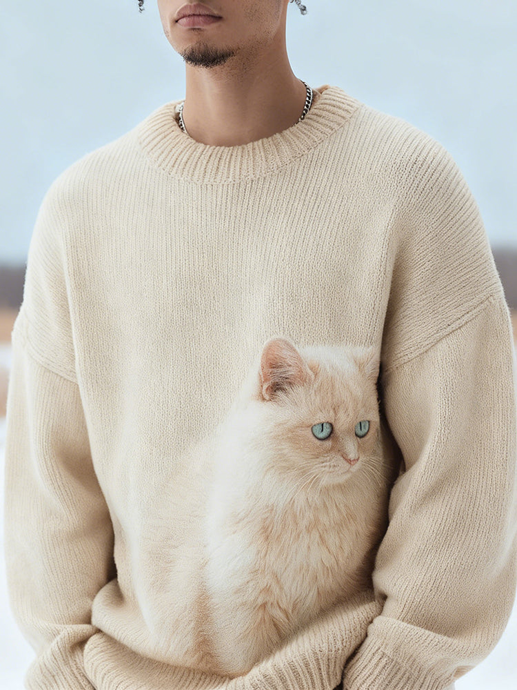 Men's Cute Cat Art Round Neck Cozy Knit Sweater elevenforest