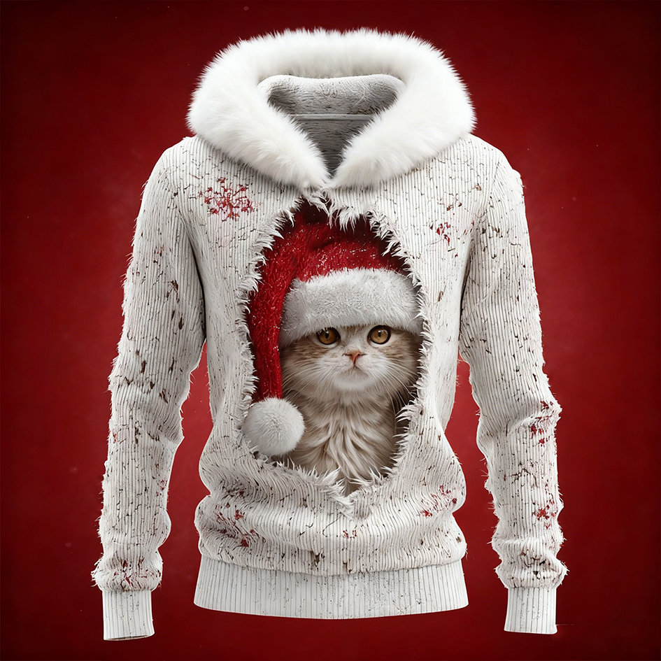 Cute Christmas Cat Pattern Design Winter Warm Women's Hooded Knit Sweater elevenforest