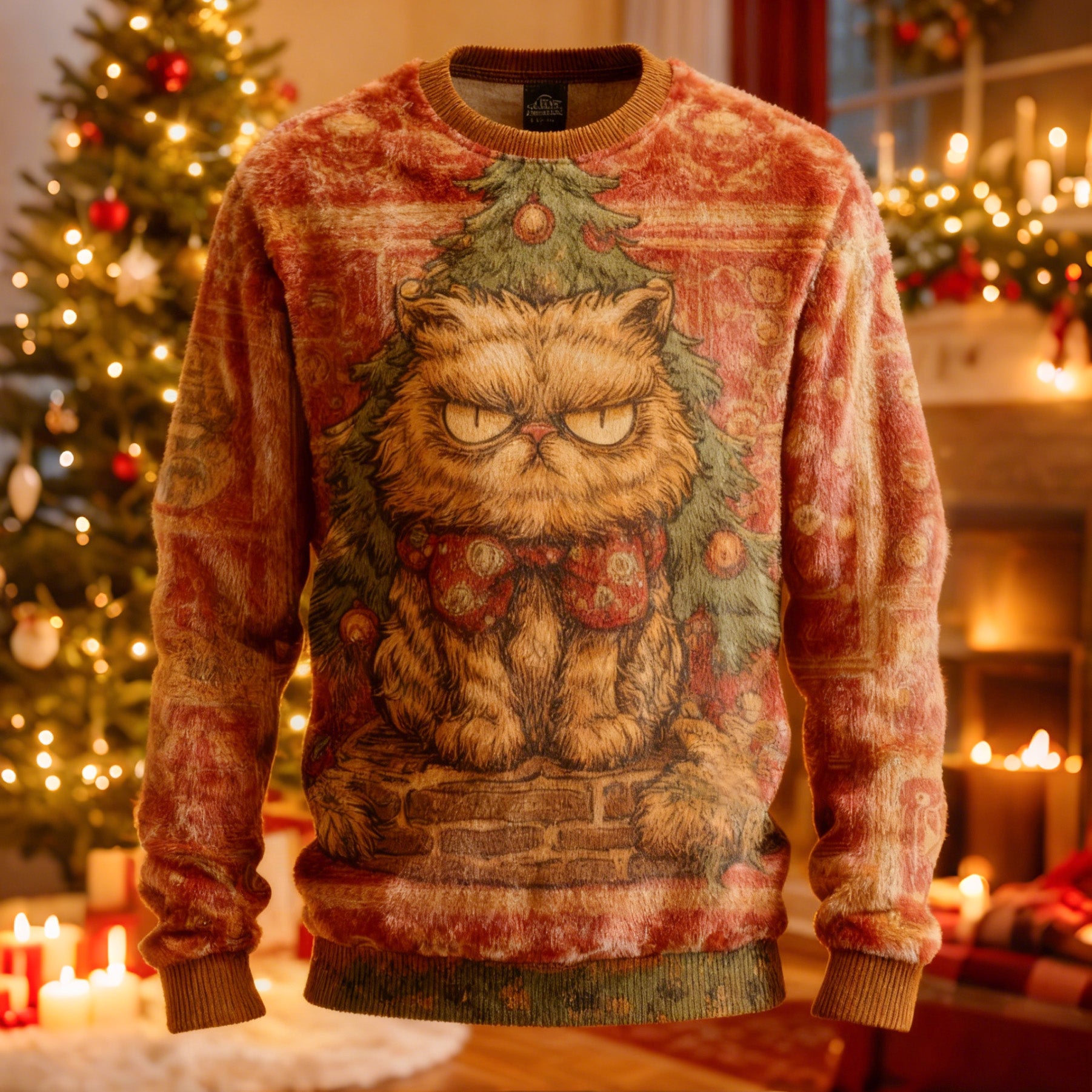 Men's Fun Christmas Cat Crew Neck Plush Sweatshirt elevenforest
