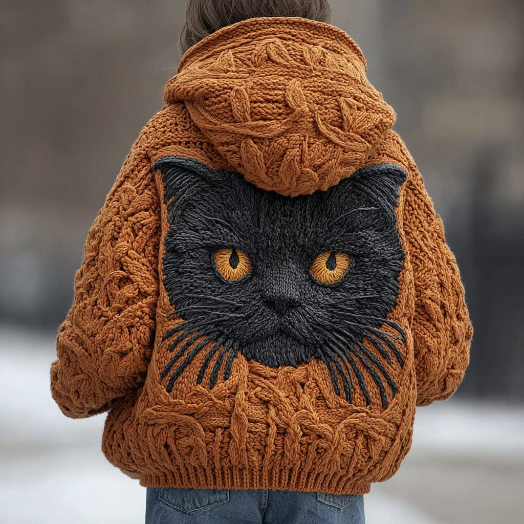 Women's Vintage Black Cat Embroidered Zip-up Sweater elevenforest