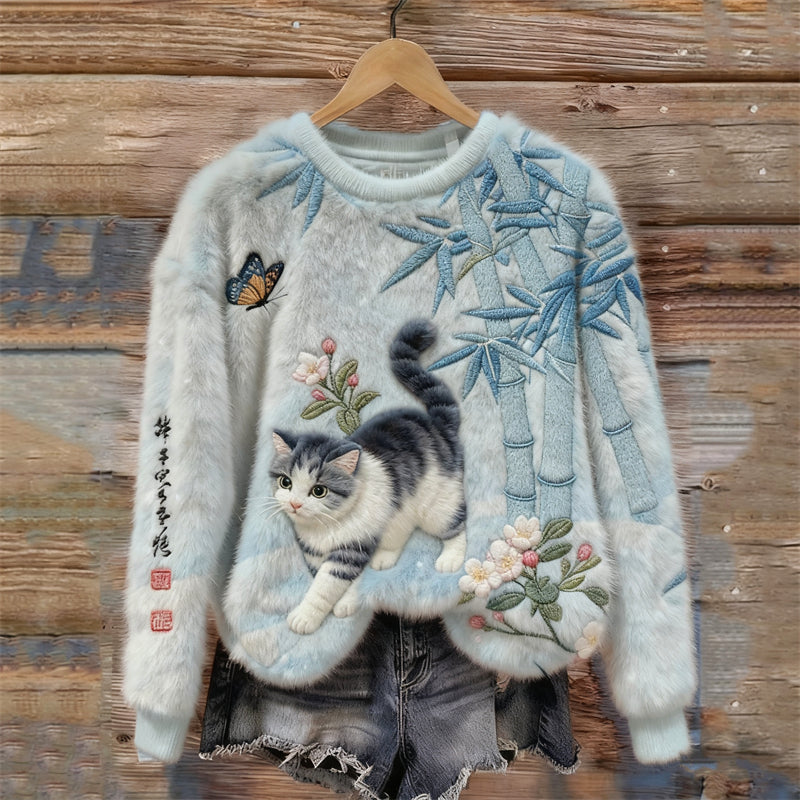 Japanese Art Cat & Bamboo Embroidered Cozy Plush Sweatshirt elevenforest