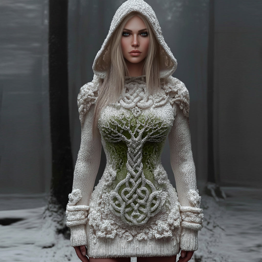 Women's Vintage Celtic Knot Tree Knit Jacquard Hooded Sweater artswardrobe